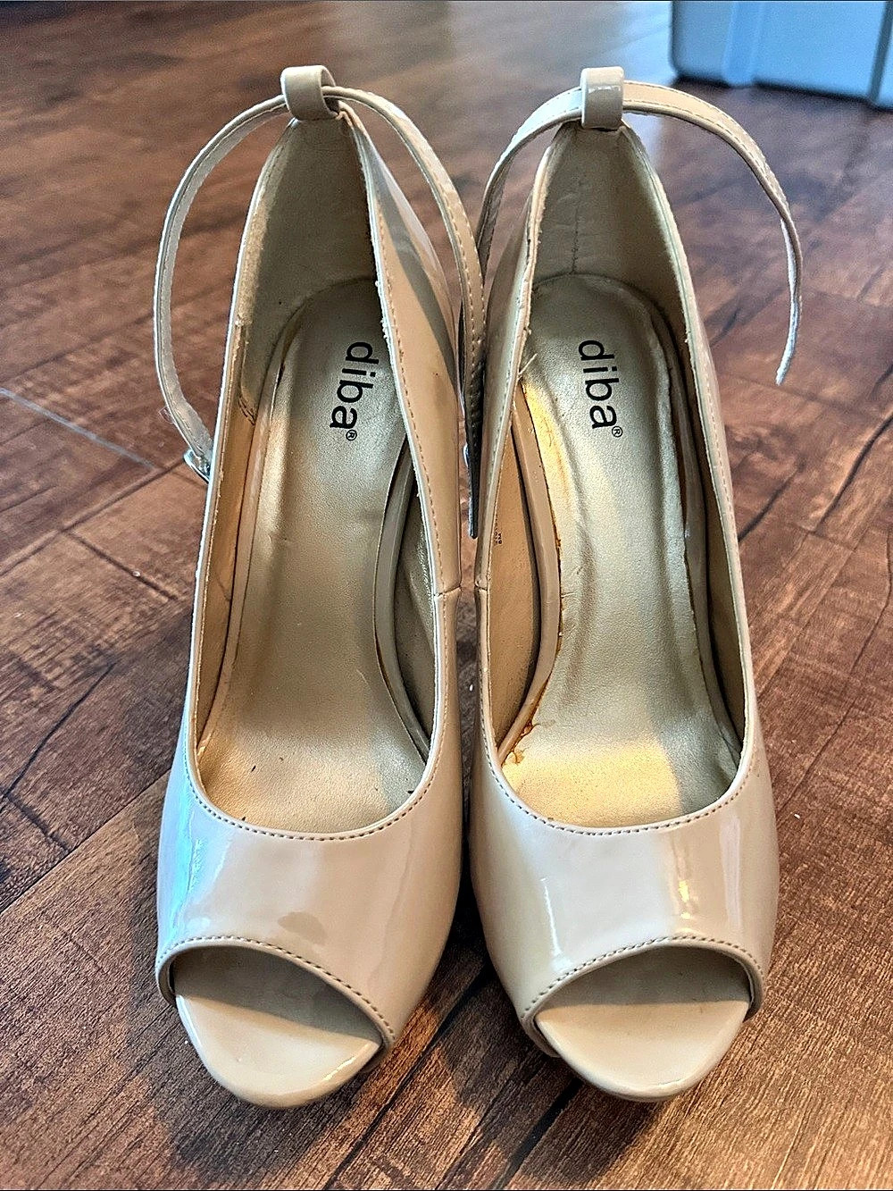 Diba Peep Toe Ankle Strap Heels in Beige